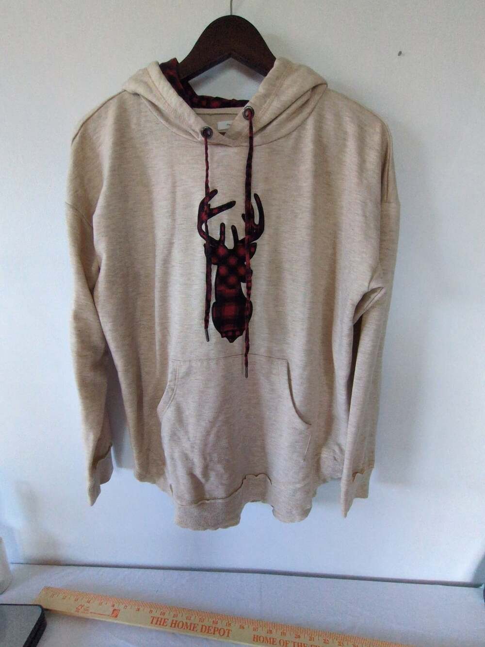 Maurice's Deer Buffalo Plaid Hoodie Oatmeal Tan Size M